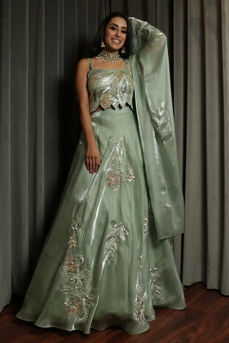Shop Label Astha Chhabra Green Organza Sequins, Embroidery, Cut Work Sweetheart Neck Metallic Lehenga Set at Aza Fashions Shop_Label Astha Chhabra_Green Organza Sequins, Embroidery, Cut Work Sweetheart Neck Metallic Lehenga Set _at_Aza_Fashions