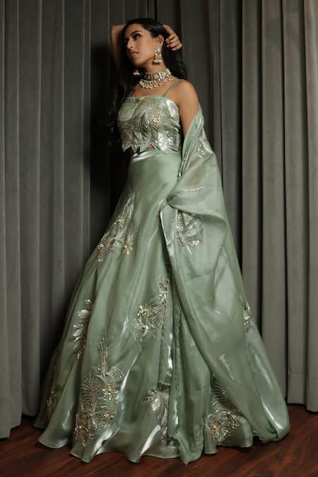 Label Astha Chhabra Green Organza Sequins, Embroidery, Cut Work Sweetheart Neck Metallic Lehenga Set Online at Aza Fashions Label Astha Chhabra_Green Organza Sequins, Embroidery, Cut Work Sweetheart Neck Metallic Lehenga Set _Online_at_Aza_Fashions