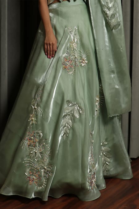 Buy Label Astha Chhabra Green Organza Sequins, Embroidery, Cut Work Sweetheart Neck Metallic Lehenga Set Online at Aza Fashions Buy_Label Astha Chhabra_Green Organza Sequins, Embroidery, Cut Work Sweetheart Neck Metallic Lehenga Set _Online_at_Aza_Fashions