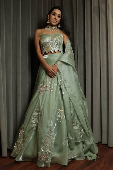 Shop Label Astha Chhabra Green Organza Sequins, Embroidery, Cut Work Sweetheart Neck Metallic Lehenga Set Online at Aza Fashions Shop_Label Astha Chhabra_Green Organza Sequins, Embroidery, Cut Work Sweetheart Neck Metallic Lehenga Set _Online_at_Aza_Fashions