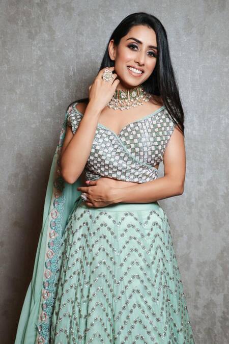 Label Astha Chhabra_Green Organza Beads, Embroidery Asymmetric Chevron Lehenga Set _Online_at_Aza_Fashions