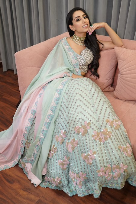 Buy_Label Astha Chhabra_Green Organza Beads, Embroidery Asymmetric Chevron Lehenga Set _Online_at_Aza_Fashions