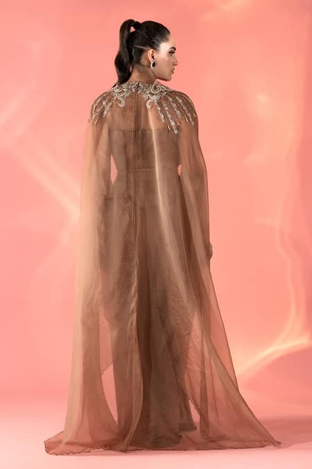 Shop Label Astha Chhabra Brown Organza, Satin Embroidery Sweetheart Neck Dori Cape And Dhoti Skirt Set at Aza Fashions Shop_Label Astha Chhabra_Brown Organza, Satin Embroidery Sweetheart Neck Dori Cape And Dhoti Skirt Set _at_Aza_Fashions
