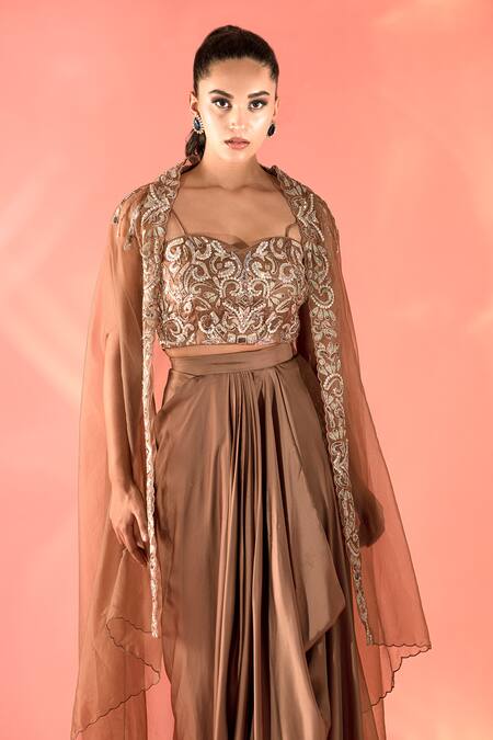 Label Astha Chhabra Brown Organza, Satin Embroidery Sweetheart Neck Dori Cape And Dhoti Skirt Set Online at Aza Fashions Label Astha Chhabra_Brown Organza, Satin Embroidery Sweetheart Neck Dori Cape And Dhoti Skirt Set _Online_at_Aza_Fashions