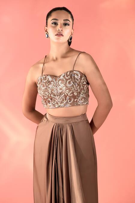 Shop Label Astha Chhabra Brown Organza, Satin Embroidery Sweetheart Neck Dori Cape And Dhoti Skirt Set Online at Aza Fashions Shop_Label Astha Chhabra_Brown Organza, Satin Embroidery Sweetheart Neck Dori Cape And Dhoti Skirt Set _Online_at_Aza_Fashions