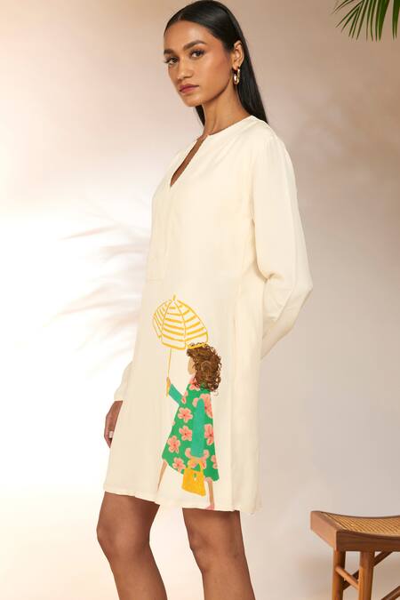 Shop_Masaba_Ivory Crepe, Silk Beads Open Neck Sunny Day Placement Print Mini Dress_Online_at_Aza_Fashions
