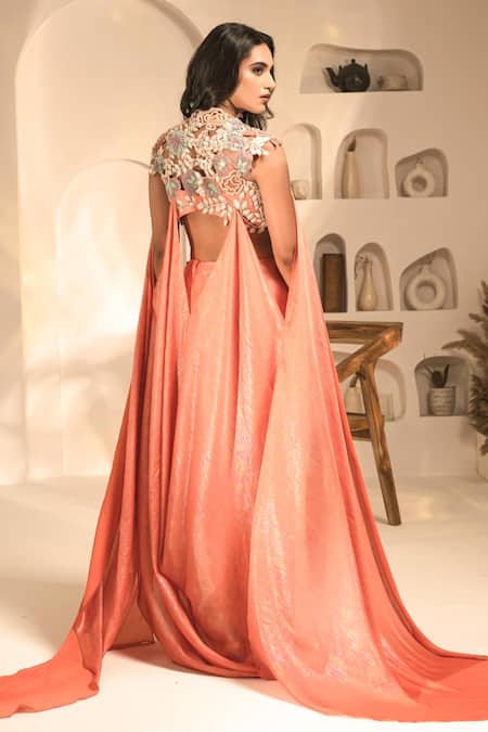 Shop Label Astha Chhabra Orange Crepe, Georgette Embroidery, Beads Floral Blouse With Draped Dhoti Pant at Aza Fashions Shop_Label Astha Chhabra_Orange Crepe, Georgette Embroidery, Beads Floral Blouse With Draped Dhoti Pant _at_Aza_Fashions