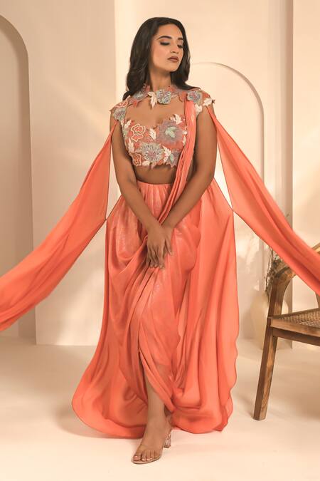 Label Astha Chhabra Orange Crepe, Georgette Embroidery, Beads Floral Blouse With Draped Dhoti Pant Online at Aza Fashions Label Astha Chhabra_Orange Crepe, Georgette Embroidery, Beads Floral Blouse With Draped Dhoti Pant _Online_at_Aza_Fashions