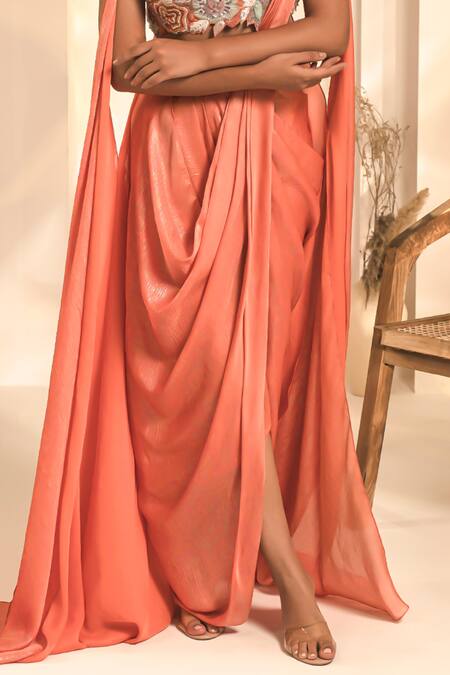 Shop Label Astha Chhabra Orange Crepe, Georgette Embroidery, Beads Floral Blouse With Draped Dhoti Pant Online at Aza Fashions Shop_Label Astha Chhabra_Orange Crepe, Georgette Embroidery, Beads Floral Blouse With Draped Dhoti Pant _Online_at_Aza_Fashions