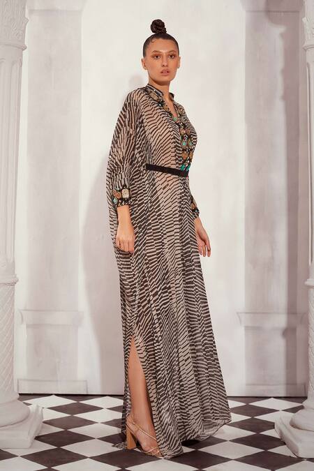 Buy_Nikita Mhaisalkar_Black Georgette Stones Mandarin Collar Checkered Print Kaftan With Belt _Online_at_Aza_Fashions