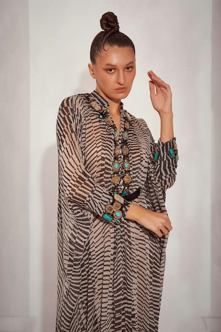 Shop_Nikita Mhaisalkar_Black Georgette Stones Mandarin Collar Checkered Print Kaftan With Belt _Online_at_Aza_Fashions