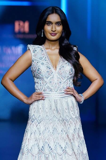 Ritika Mirchandani Ivory Crepe Embroidery Crystal V Neck Cosmos Bodysuit And Lehenga Set Online at Aza Fashions Ritika Mirchandani_Ivory Crepe Embroidery Crystal V Neck Cosmos Bodysuit And Lehenga Set _Online_at_Aza_Fashions