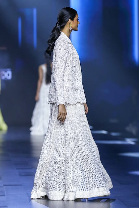 Ritika Mirchandani_Ivory Net Embroidery Crystal Blazer Collar Lune Geometric Skirt Set  _Online_at_Aza_Fashions