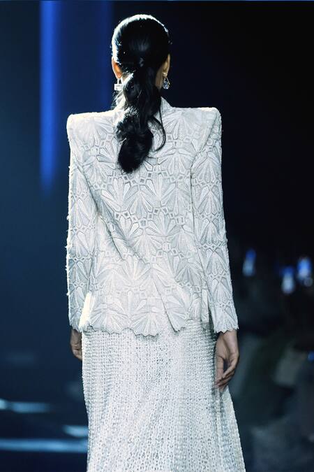 Shop_Ritika Mirchandani_Ivory Net Embroidery Crystal Blazer Collar Lune Geometric Skirt Set  _Online_at_Aza_Fashions