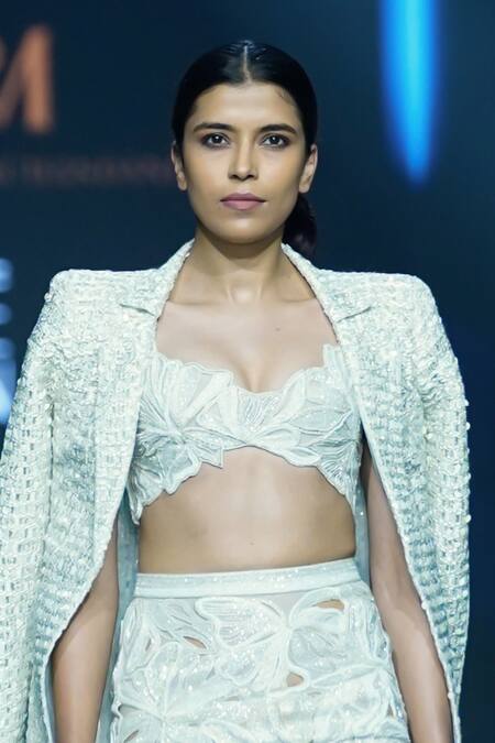 Ritika Mirchandani_Ivory Net Embroidery Crystal Blazer Elysian Basket Woven Skirt Set  _Online_at_Aza_Fashions