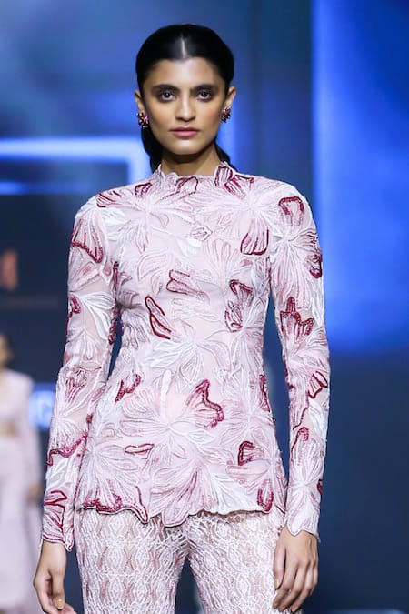 Ritika Mirchandani Pink Net Crystals, Cut Work High Neck Astrabloom Embroidered Kurta And Sharara Set Online at Aza Fashions Ritika Mirchandani_Pink Net Crystals, Cut Work High Neck Astrabloom Embroidered Kurta And Sharara Set _Online_at_Aza_Fashions