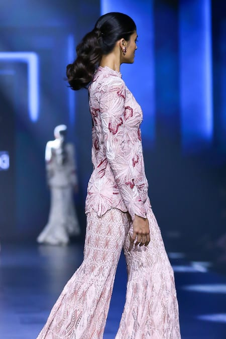 Shop Ritika Mirchandani Pink Net Crystals, Cut Work High Neck Astrabloom Embroidered Kurta And Sharara Set at Aza Fashions Shop_Ritika Mirchandani_Pink Net Crystals, Cut Work High Neck Astrabloom Embroidered Kurta And Sharara Set _at_Aza_Fashions