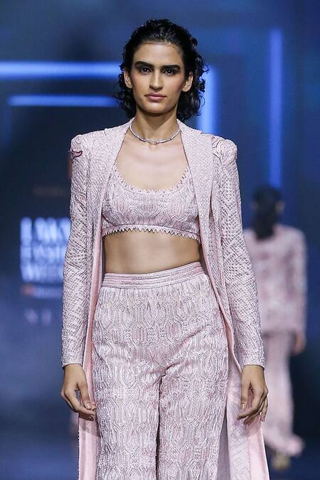 Ritika Mirchandani Pink Net Embroidery Crystal Trench Coat Collar And Flared Pant Set Online at Aza Fashions Ritika Mirchandani_Pink Net Embroidery Crystal Trench Coat Collar And Flared Pant Set _Online_at_Aza_Fashions