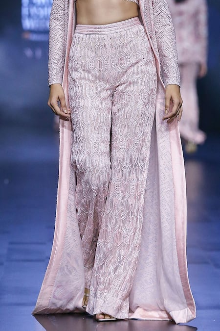 Buy Ritika Mirchandani Pink Net Embroidery Crystal Trench Coat Collar And Flared Pant Set Online at Aza Fashions Buy_Ritika Mirchandani_Pink Net Embroidery Crystal Trench Coat Collar And Flared Pant Set _Online_at_Aza_Fashions