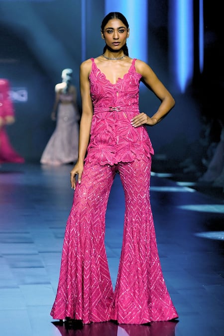 Shop Ritika Mirchandani Fuchsia Net Crystals, Cut Work, Astrafleur Cutwork Kurta And Sharara Set at Aza Fashions Shop_Ritika Mirchandani_Fuchsia Net Crystals, Cut Work, Astrafleur Cutwork Kurta And Sharara Set _at_Aza_Fashions