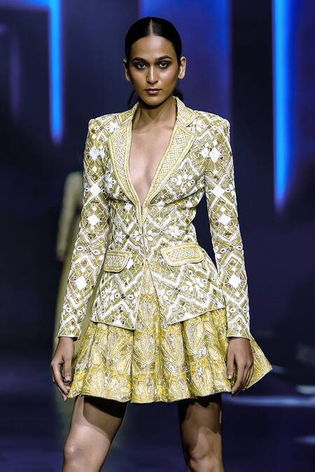 Ritika Mirchandani Green Crepe Embroidery Crystal Collar Mirage Blazer And Short Skirt Set Online at Aza Fashions Ritika Mirchandani_Green Crepe Embroidery Crystal Collar Mirage Blazer And Short Skirt Set _Online_at_Aza_Fashions