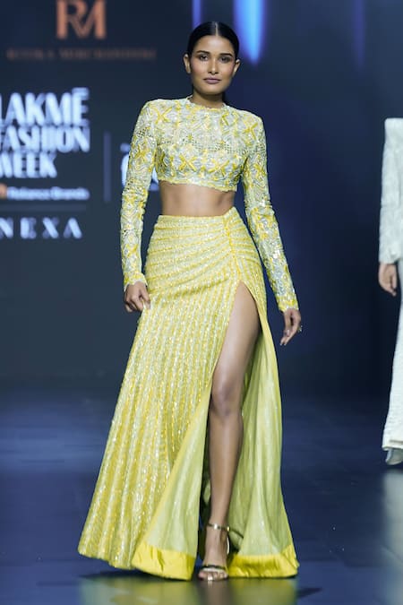 Ritika Mirchandani_Green Net Embroidery Crystal Cutwork Infinity Blouse And Skirt Set  _Online_at_Aza_Fashions
