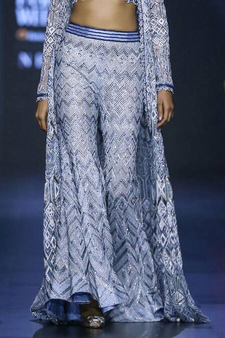 Ritika Mirchandani Blue Net Embroidery Crystal Jacket Open Enigma Ombre Sharara Set Online at Aza Fashions Ritika Mirchandani_Blue Net Embroidery Crystal Jacket Open Enigma Ombre Sharara Set _Online_at_Aza_Fashions