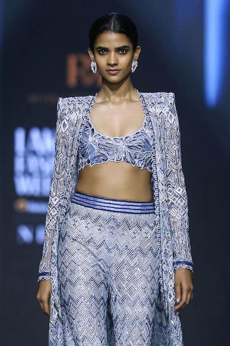 Shop Ritika Mirchandani Blue Net Embroidery Crystal Jacket Open Enigma Ombre Sharara Set at Aza Fashions Shop_Ritika Mirchandani_Blue Net Embroidery Crystal Jacket Open Enigma Ombre Sharara Set _at_Aza_Fashions