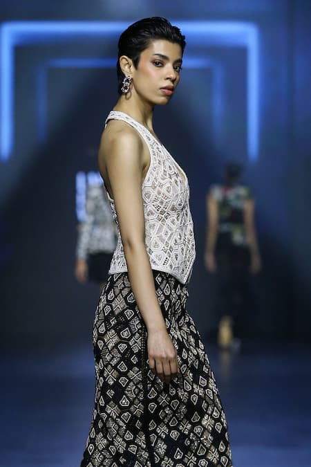 Ritika Mirchandani Mystic Geometric Cutwork Embroidered Waistcoat & Skirt Set 