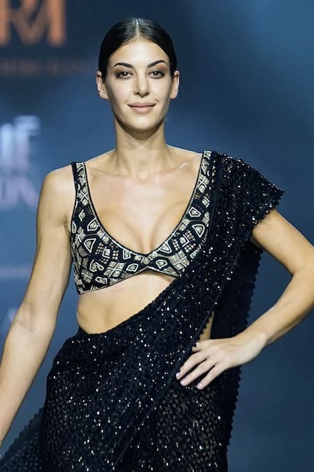 Ritika Mirchandani_Black Net Embroidery Nirvana Pinwheel Pre-draped Saree With Blouse  _Online_at_Aza_Fashions