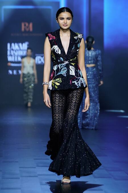Shop Ritika Mirchandani Black Net Crystals, Cut Work, Nova Floral Wreath Blazer And Sharara Set at Aza Fashions Shop_Ritika Mirchandani_Black Net Crystals, Cut Work, Nova Floral Wreath Blazer And Sharara Set _at_Aza_Fashions