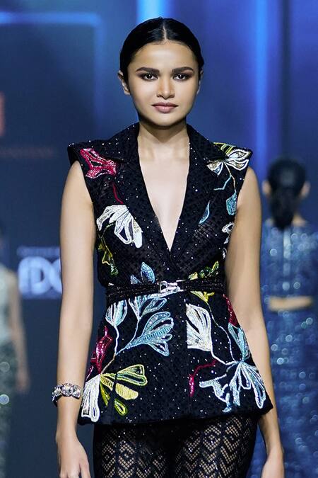 Ritika Mirchandani Black Net Crystals, Cut Work, Nova Floral Wreath Blazer And Sharara Set Online at Aza Fashions Ritika Mirchandani_Black Net Crystals, Cut Work, Nova Floral Wreath Blazer And Sharara Set _Online_at_Aza_Fashions