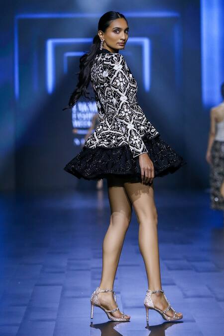 Shop_Ritika Mirchandani_Black Crepe Embroidery Crystal Synchrony Blazer And Short Skirt Set  _Online_at_Aza_Fashions