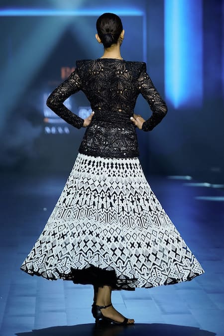 Shop Ritika Mirchandani Black Crepe Embroidery Harmony Geometric Peplum Blazer And Lehenga Set at Aza Fashions Shop_Ritika Mirchandani_Black Crepe Embroidery Harmony Geometric Peplum Blazer And Lehenga Set _at_Aza_Fashions