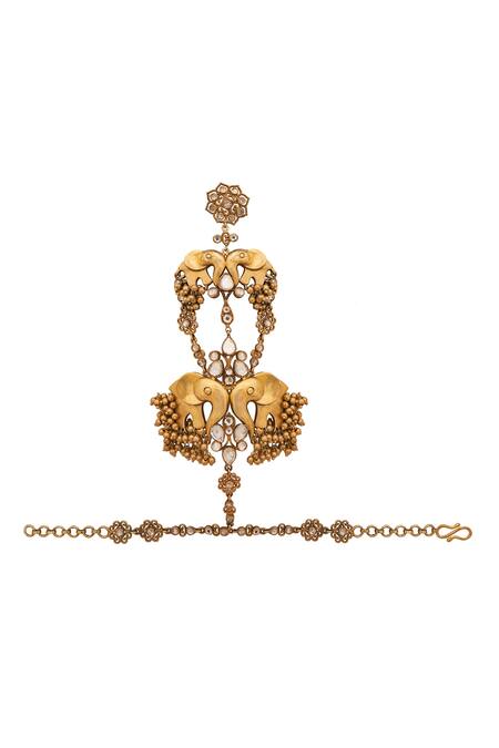 Shop Anita Dongre Gold Plated Zari, Pearls Haathi Carved Haathphool - Single Pc at Aza Fashions Shop_Anita Dongre_Gold Plated Zari, Pearls Haathi Carved Haathphool - Single Pc_at_Aza_Fashions