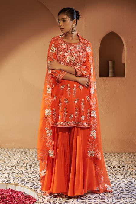 Sonia Khatri Orange Cotton, Organza Embroidery, Sequins Round Neck Kurta Sharara Set Online at Aza Fashions Sonia Khatri_Orange Cotton, Organza Embroidery, Sequins Round Neck Kurta Sharara Set _Online_at_Aza_Fashions