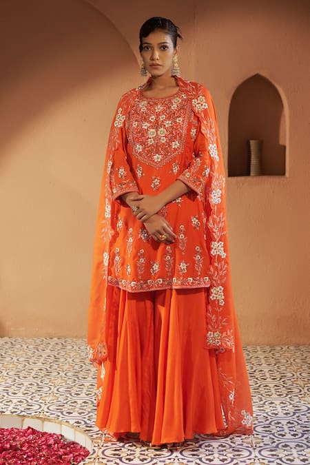 Buy Sonia Khatri Orange Cotton, Organza Embroidery, Sequins Round Neck Kurta Sharara Set Online at Aza Fashions Buy_Sonia Khatri_Orange Cotton, Organza Embroidery, Sequins Round Neck Kurta Sharara Set _Online_at_Aza_Fashions