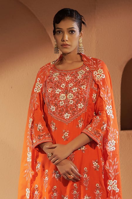 Shop Sonia Khatri Orange Cotton, Organza Embroidery, Sequins Round Neck Kurta Sharara Set Online at Aza Fashions Shop_Sonia Khatri_Orange Cotton, Organza Embroidery, Sequins Round Neck Kurta Sharara Set _Online_at_Aza_Fashions
