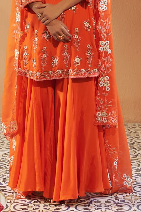 Sonia Khatri Orange Cotton, Organza Embroidery, Sequins Round Neck Kurta Sharara Set at Aza Fashions Sonia Khatri_Orange Cotton, Organza Embroidery, Sequins Round Neck Kurta Sharara Set _at_Aza_Fashions