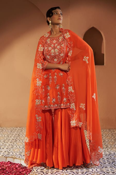 Buy Sonia Khatri Orange Cotton, Organza Embroidery, Sequins Round Neck Kurta Sharara Set Buy_Sonia Khatri_Orange Cotton, Organza Embroidery, Sequins Round Neck Kurta Sharara Set