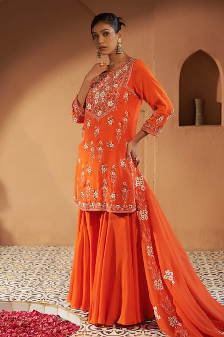 Shop Sonia Khatri Orange Cotton, Organza Embroidery, Sequins Round Neck Kurta Sharara Set Shop_Sonia Khatri_Orange Cotton, Organza Embroidery, Sequins Round Neck Kurta Sharara Set