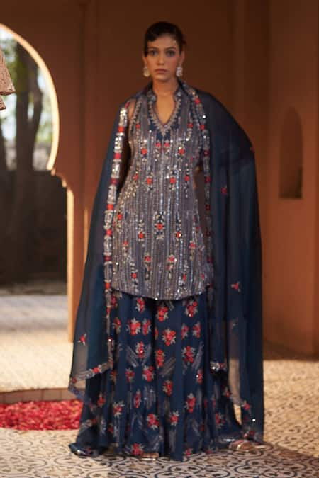 Sonia Khatri Blue Kurta And Sharara Georgette Embroidered Resham Colllared V Orchid Set 