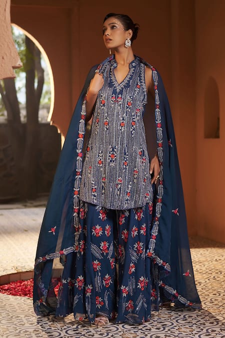 Buy Sonia Khatri Blue Georgette, Organza Cut Work, Embroidery, Pearls, Orchid Kurta Sharara Set Online at Aza Fashions Buy_Sonia Khatri_Blue Georgette, Organza Cut Work, Embroidery, Pearls, Orchid Kurta Sharara Set _Online_at_Aza_Fashions