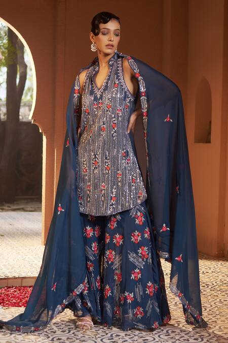 Shop Sonia Khatri Blue Georgette, Organza Cut Work, Embroidery, Pearls, Orchid Kurta Sharara Set Online at Aza Fashions Shop_Sonia Khatri_Blue Georgette, Organza Cut Work, Embroidery, Pearls, Orchid Kurta Sharara Set _Online_at_Aza_Fashions
