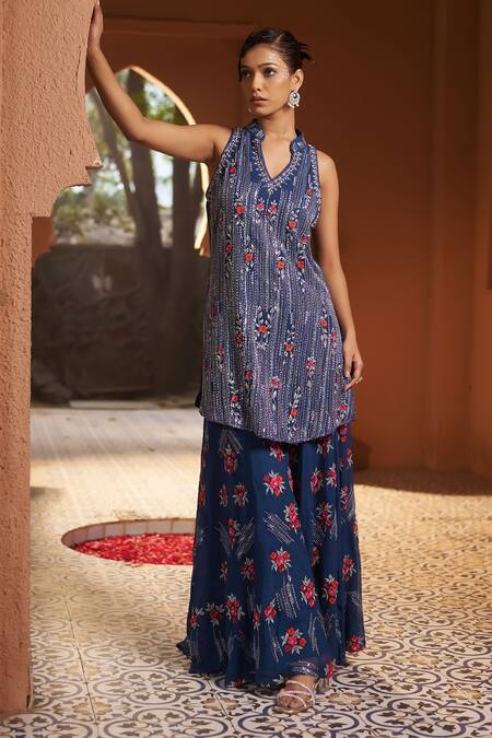 Sonia Khatri Blue Georgette, Organza Cut Work, Embroidery, Pearls, Orchid Kurta Sharara Set at Aza Fashions Sonia Khatri_Blue Georgette, Organza Cut Work, Embroidery, Pearls, Orchid Kurta Sharara Set _at_Aza_Fashions