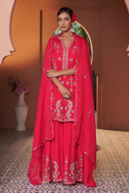 Sonia Khatri_Pink Cotton, Organza Pearls, Dahlia Floral And Embroidered Kurta Sharara Set _Online_at_Aza_Fashions