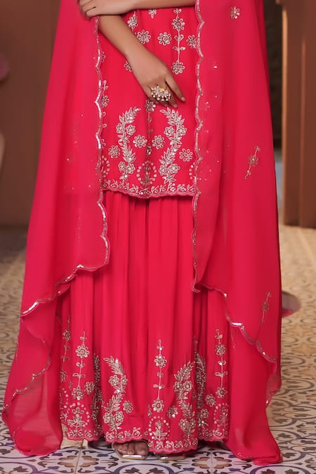 Buy_Sonia Khatri_Pink Cotton, Organza Pearls, Dahlia Floral And Embroidered Kurta Sharara Set _Online_at_Aza_Fashions