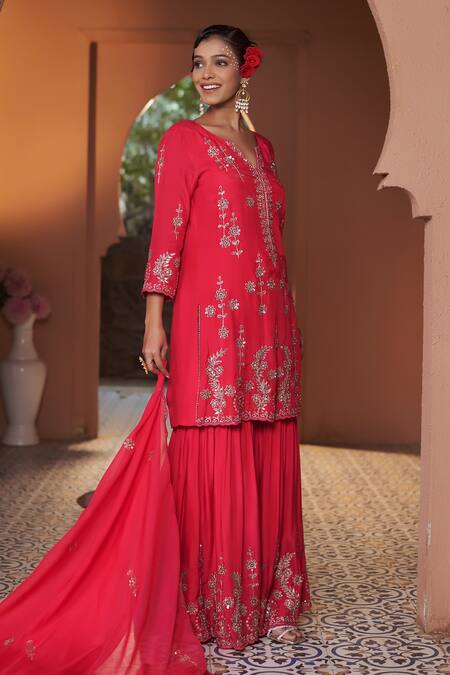 Shop_Sonia Khatri_Pink Cotton, Organza Pearls, Dahlia Floral And Embroidered Kurta Sharara Set _Online_at_Aza_Fashions