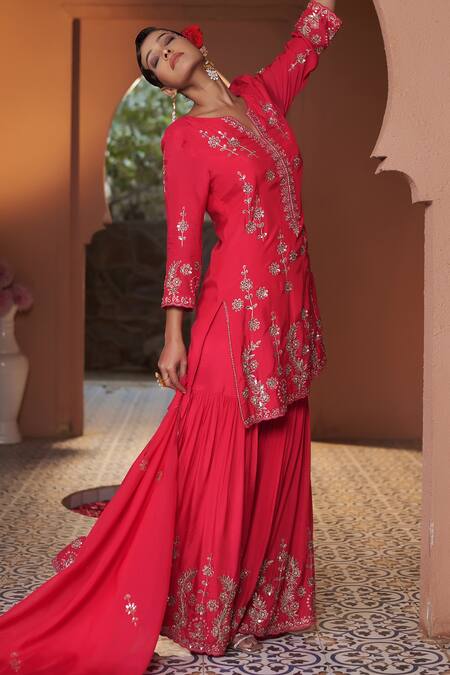 Sonia Khatri_Pink Cotton, Organza Pearls, Dahlia Floral And Embroidered Kurta Sharara Set _at_Aza_Fashions