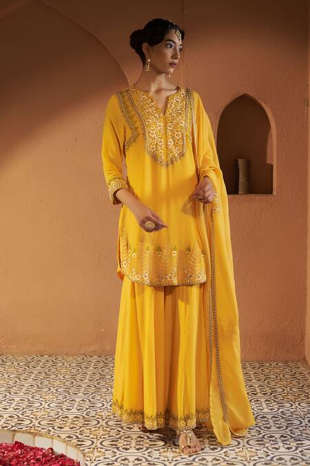 Buy Sonia Khatri Yellow Crepe, Organza Sequins, Zari, Embroidery, Cut Azalea Kurta Sharara Set Online at Aza Fashions Buy_Sonia Khatri_Yellow Crepe, Organza Sequins, Zari, Embroidery, Cut Azalea Kurta Sharara Set _Online_at_Aza_Fashions